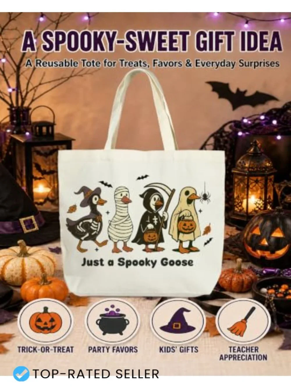 Halloween Skull Canvas Tote Bag - Reusable Large Shoulder Bag